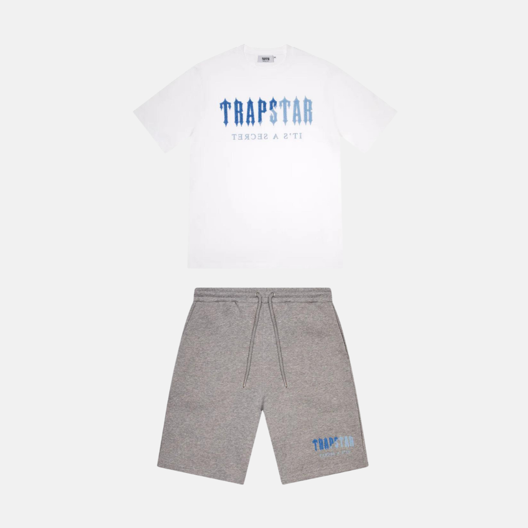 Trapstar Chenille Decoded T-Shirt & Shorts Set - White/Grey/Blue